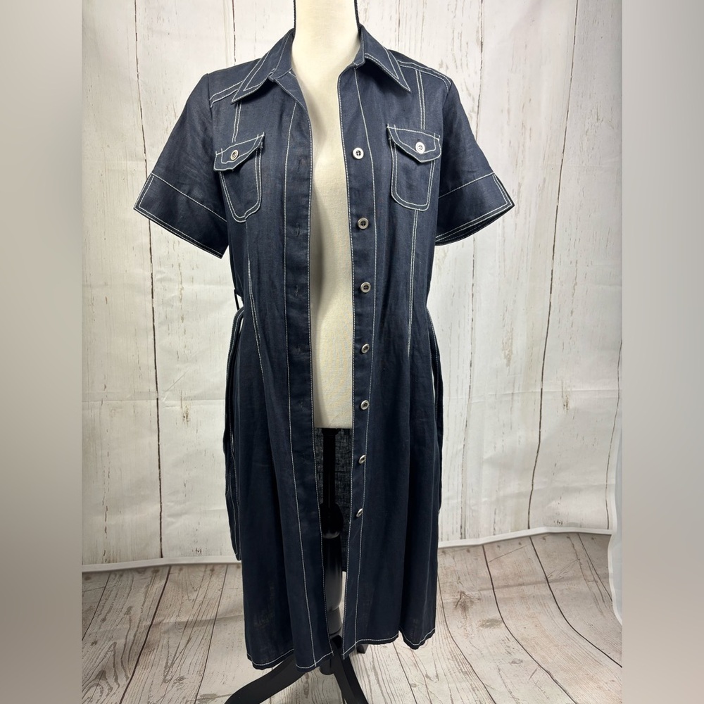 Linen Dress Button Up Navy White Stitching Belted - Picture 5 of 9
